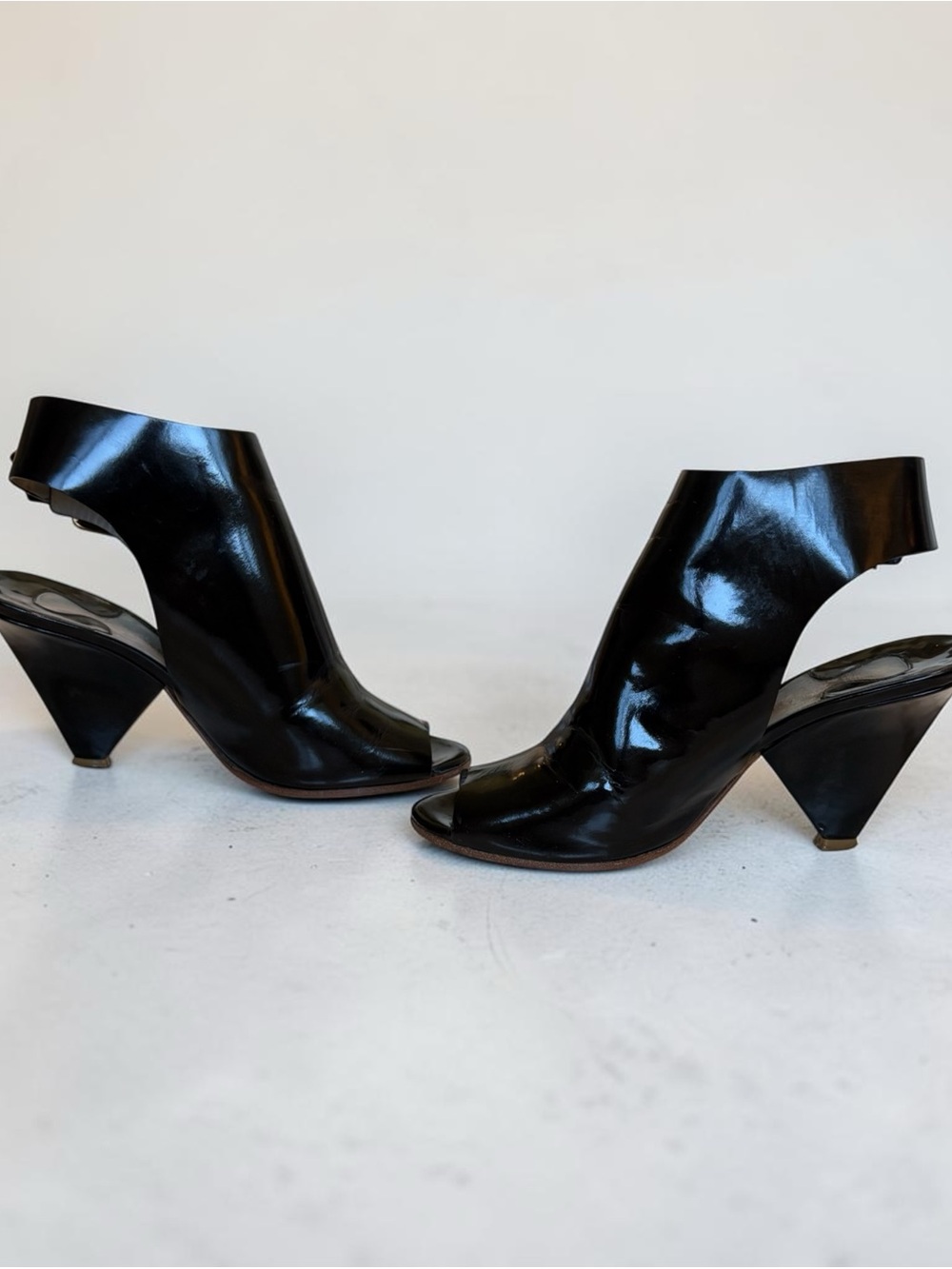 CHLOE Black Patent Leather Peep-Toe Ankle Bootie shoe.